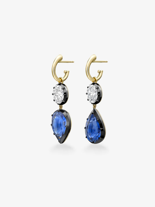 Asymmetric Pear-Shaped Sapphire & Oval Diamond Hoop Earrings View 2