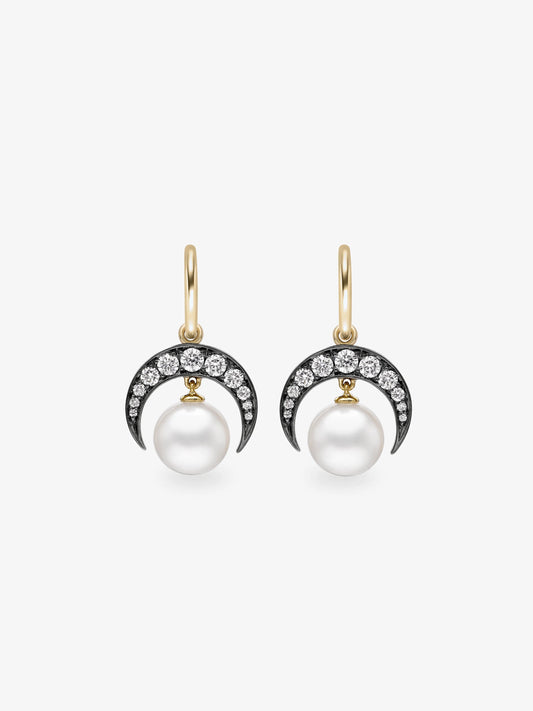 Crescent Moon Diamond & Pearl Gypset Hoop Earrings