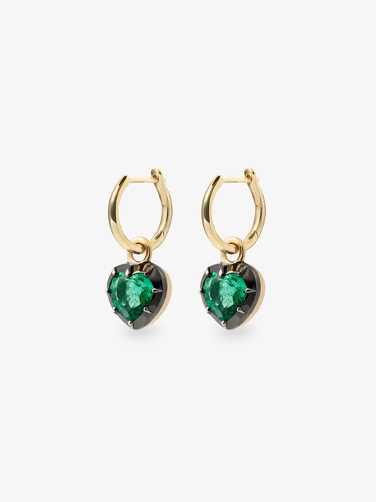 0.50ct Heart-Shaped Emerald & Blackened Gold Gypset Hoop Earrings View 2