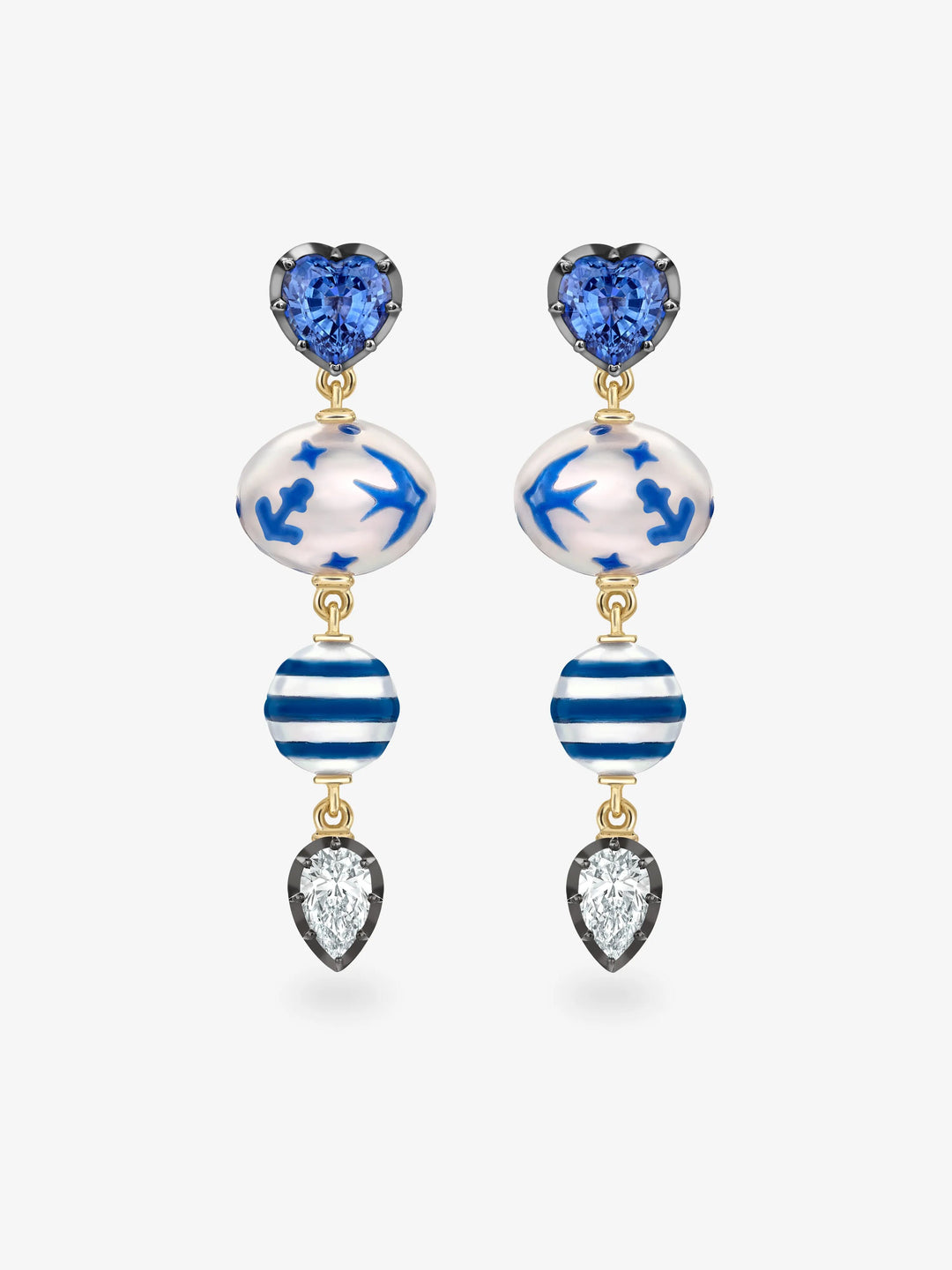 Hello Sailor Double Pearl, Diamond & Sapphire Earrings