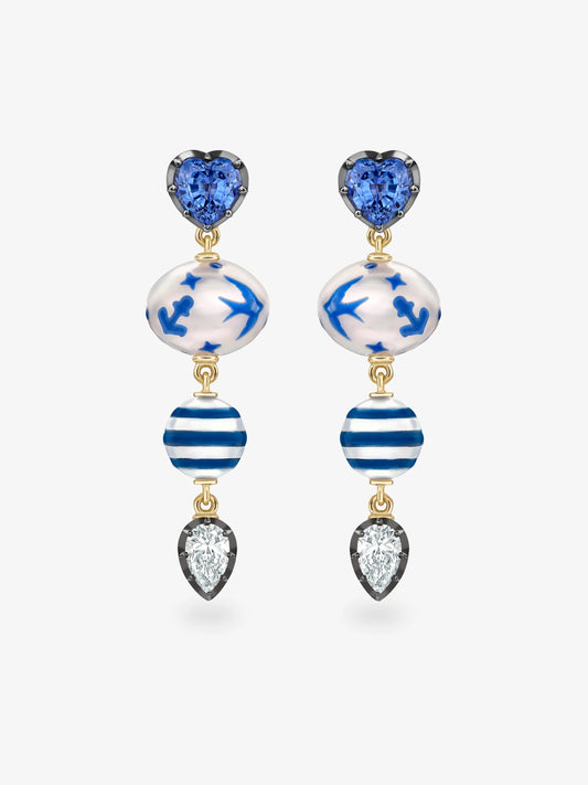 Hello Sailor Double Pearl, Diamond & Sapphire Earrings