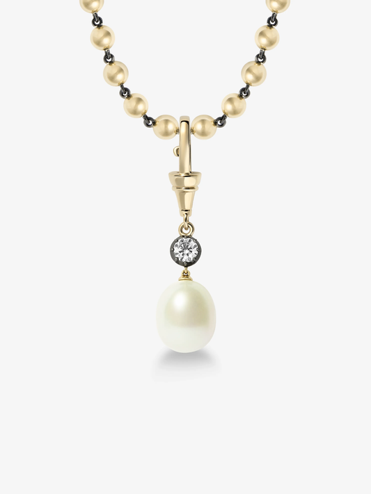 Ball n Chain Pearl & 0.40ct Diamond Yellow Gold Pendant