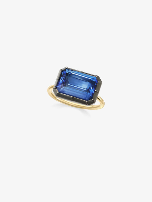 7.19ct East-West Emerald Cut Sapphire Button Back Ring View 2